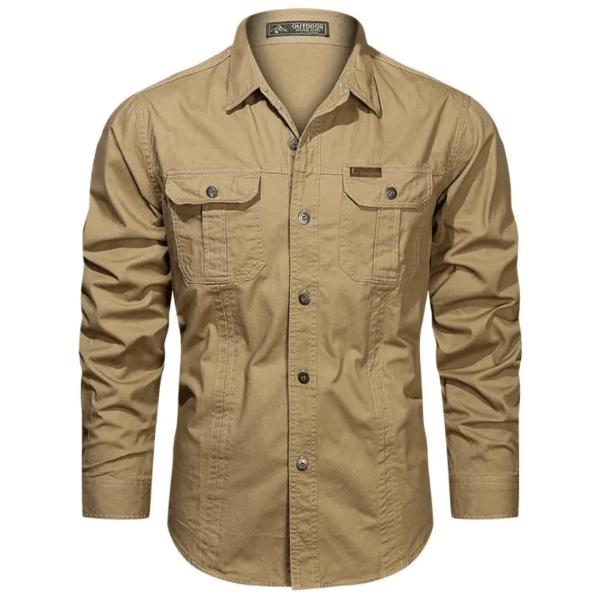 Outdoor tactical shirt in khaki, designed for durability and comfort.