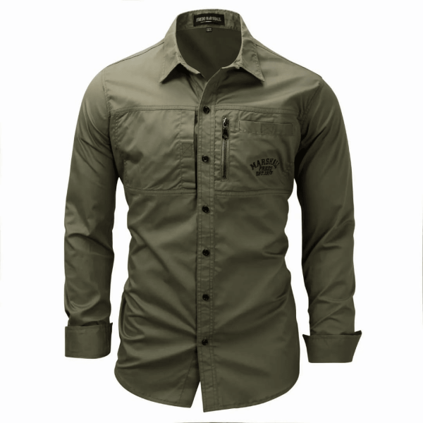 Men's Army Green Cotton Hiking Shirt with Zipper Pockets - Long Sleeve Outdoor Work Shirt