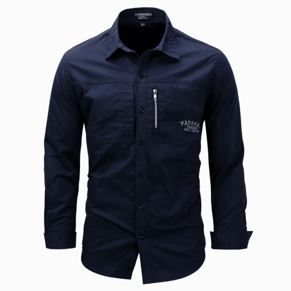 Men's Navy Blue Long Sleeve Cotton Hiking Shirt with Zipper Pocket