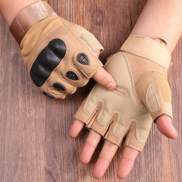 Khaki half finger gloves with breathable design and rugged stitching for tactical use