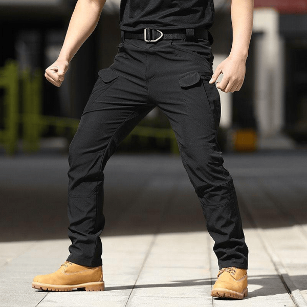 Black IX7 Tactical Spandex Trousers with multiple pockets and rugged design