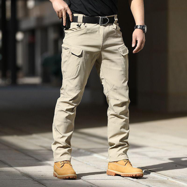 Khaki IX7 Tactical Spandex Trousers with multi-pocket design and durable fabric
