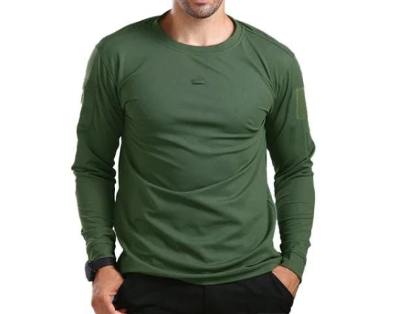 Olive green long-sleeved tactical t-shirt with breathable fabric and utility pockets