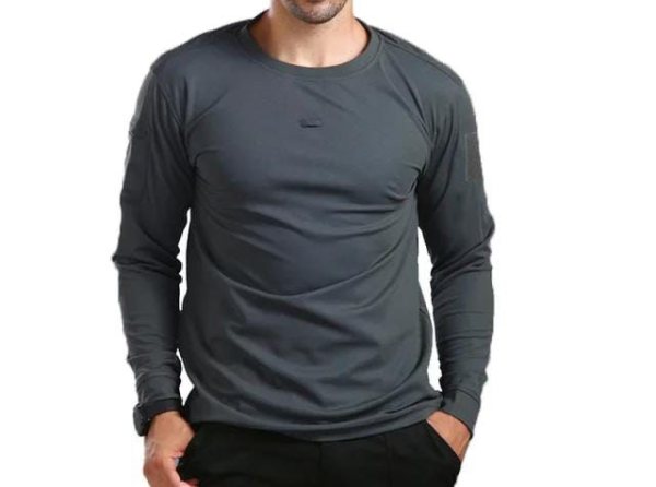 Grey Long Sleeved Tactical T-Shirt with thumb holes and utility pocket