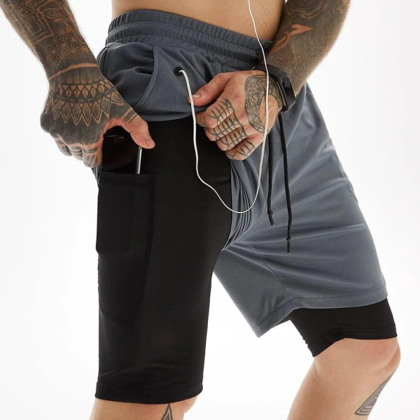 Grey and black contrast gym and outdoor shorts front and back view.