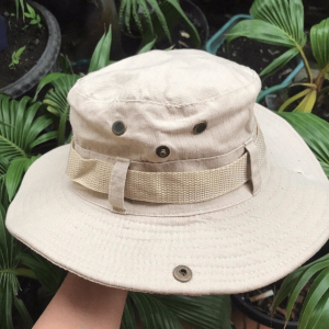 Khaki Tactical Bucket Hat with wide brim, side ventilation, and adjustable chin strap
