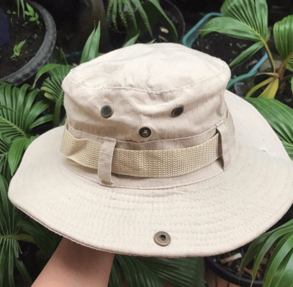 Khaki Tactical Bucket Hat with wide brim, side ventilation, and adjustable chin strap