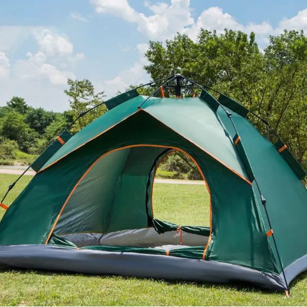 Forest green camping tent for 3 to 4 people set up outdoors
