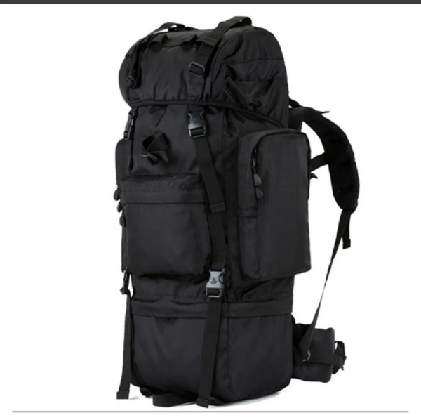 Black 70 Litre Tactical Backpack with multiple compartments and MOLLE system