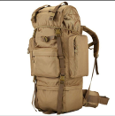 Khaki 70 litre tactical backpack with multiple compartments and heavy-duty design