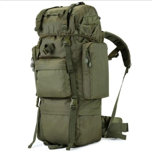 Army Green 70 Litre Tactical Backpack with multiple compartments and MOLLE webbing