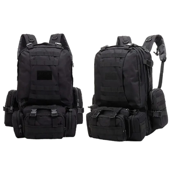 Black Outdoor Waterproof Hiking Survival Bag with multiple compartments and adjustable straps, ideal for outdoor adventures.
