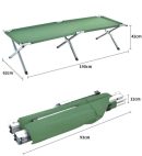 Green foldable camping bed with sturdy steel frame and waterproof fabric