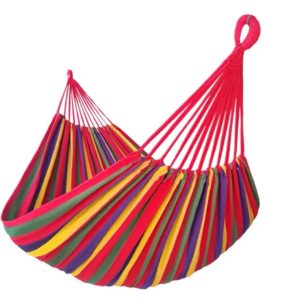 Colorful Rainbow Stripe Double Hammock with spreader bars for two people.