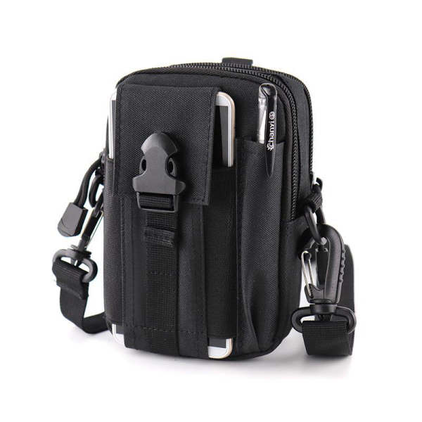 Black Tactical Sling Bag with multiple compartments and adjustable strap