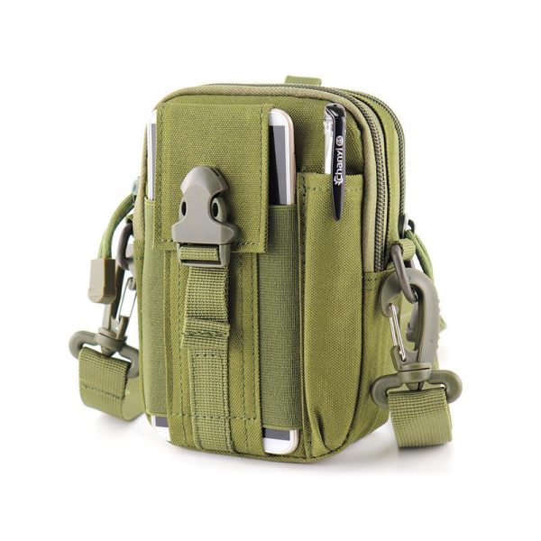 Olive green tactical sling bag with multiple compartments and adjustable shoulder strap