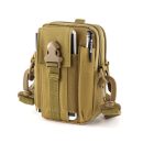 Khaki tactical sling bag with multiple compartments and adjustable strap.