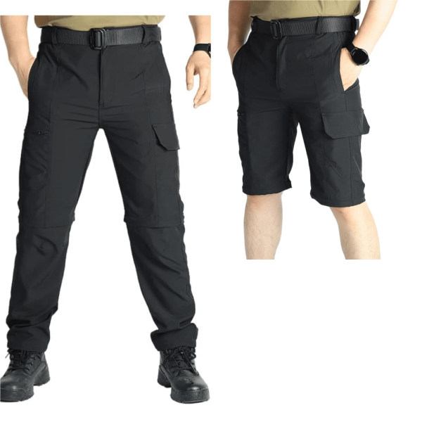 Black detachable tactical trouser with multiple pockets and zip-off convertible legs
