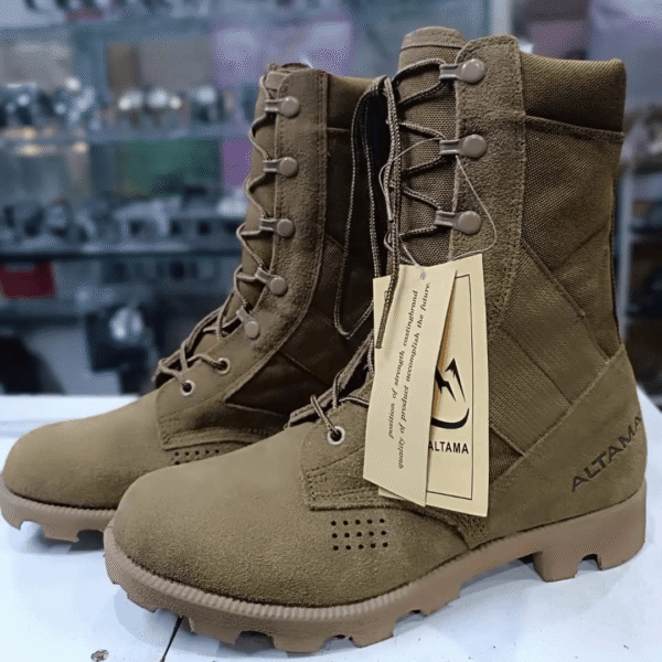 Light brown Altama tactical boot with rugged sole and reinforced toe cap