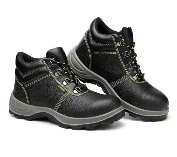 Black safety boot with steel toe and slip-resistant sole.